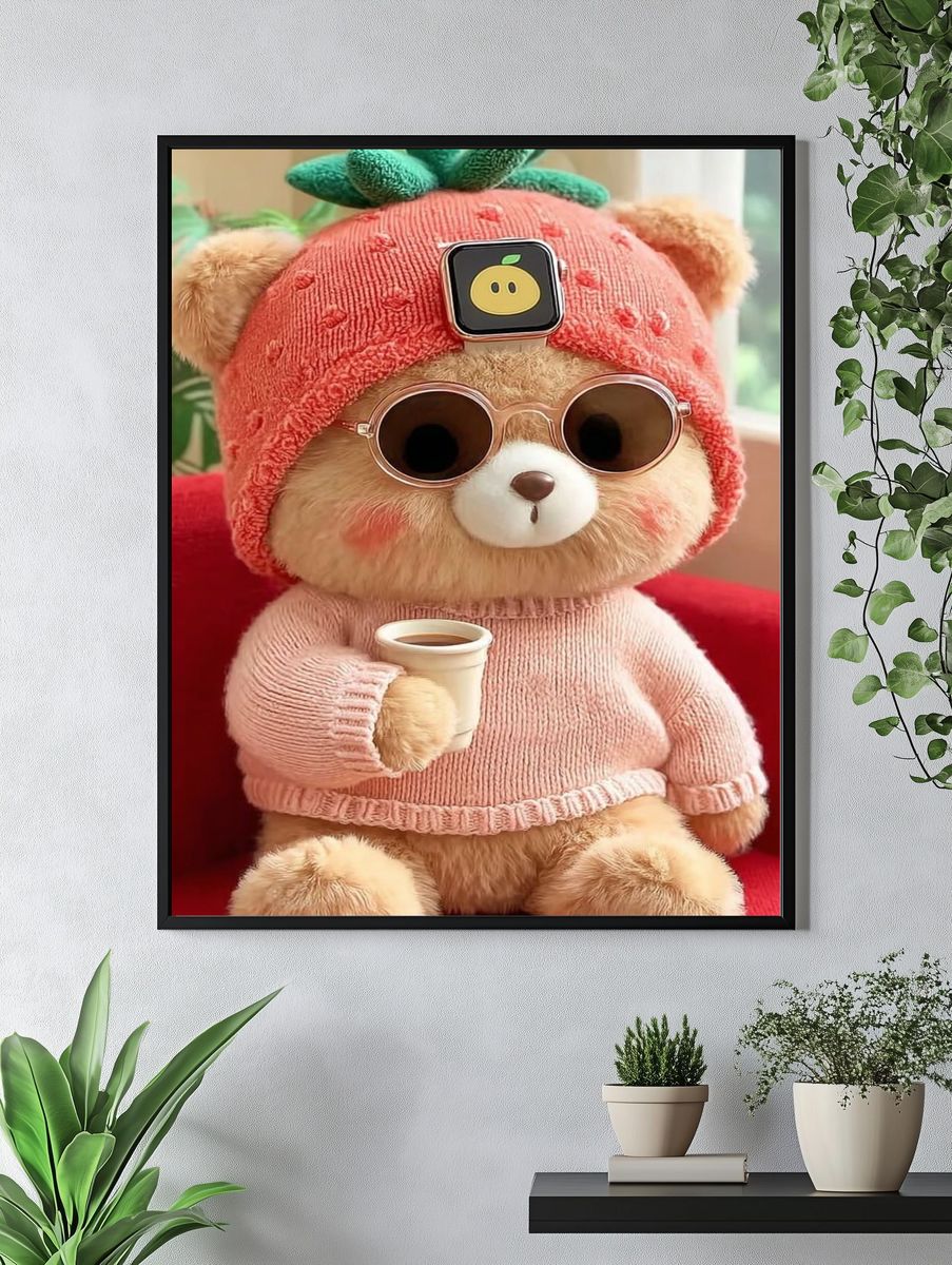 Cute Bear in Strawberry Hat — Illustration Print. — room view 4