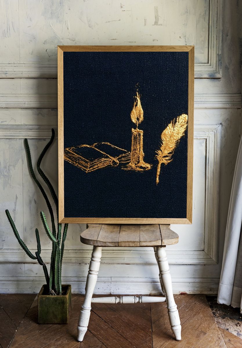 Candle, Book and Feather Typography Print. — room view 1