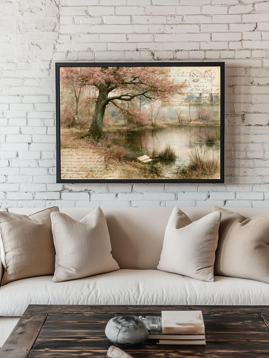 Cherry Blossom Pond Vintage Print. — room view 1