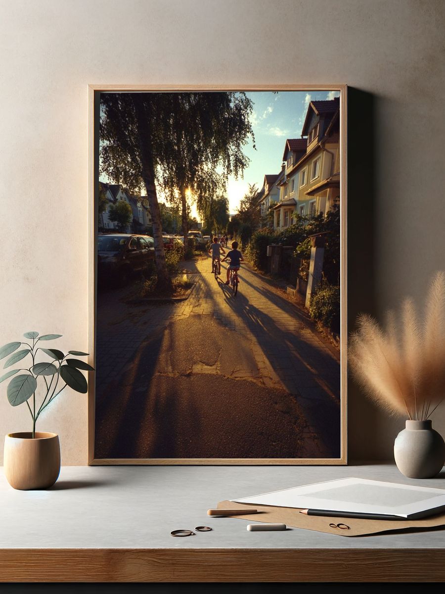 Children Riding Bikes at Sunset Poster. — room view 2