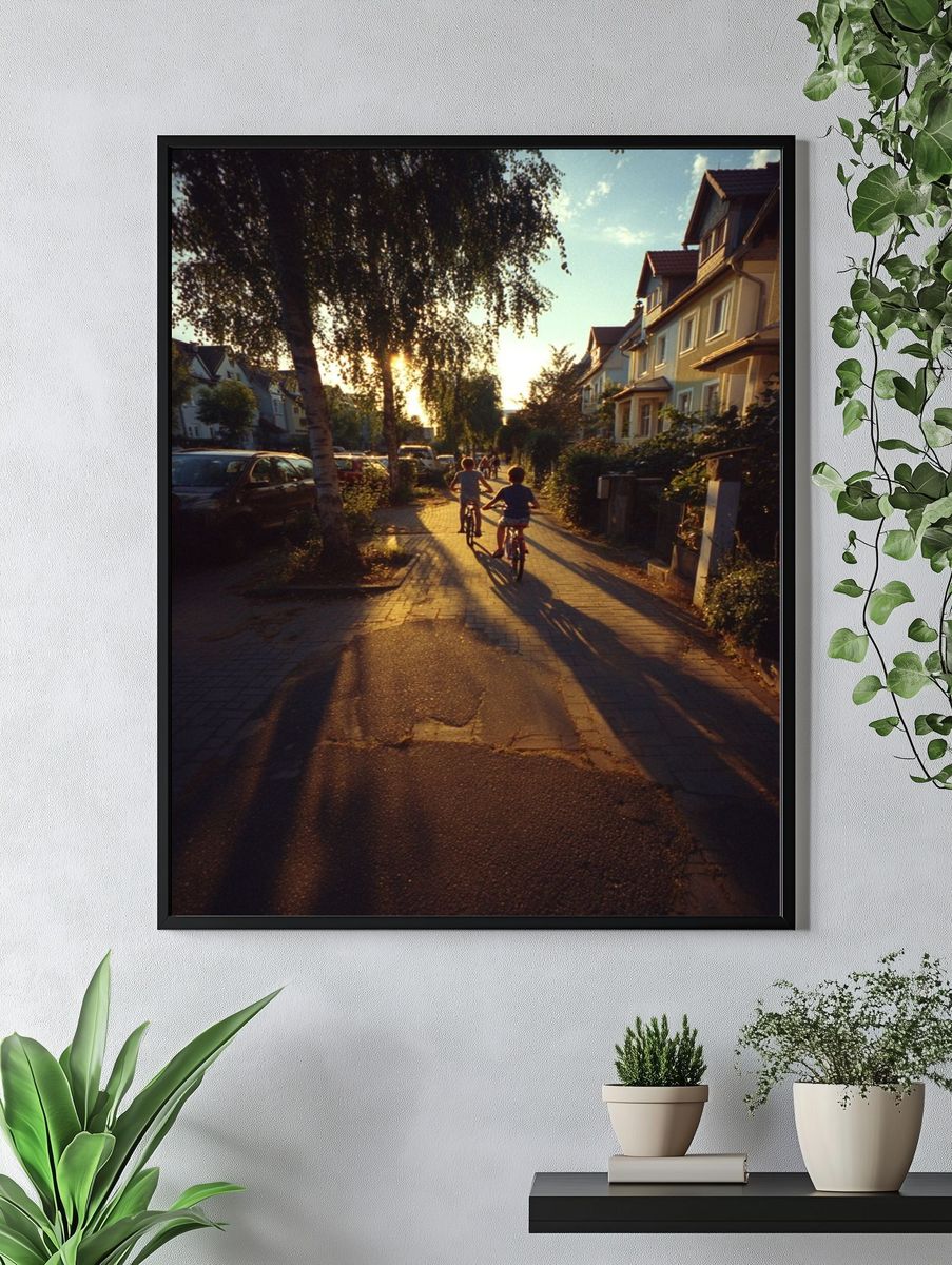 Children Riding Bikes at Sunset Poster. — room view 4