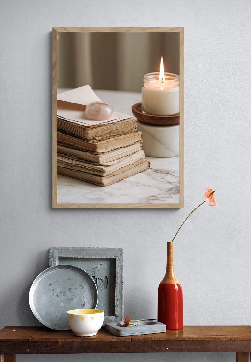 Candle and Books Still Life Print. — room view 3