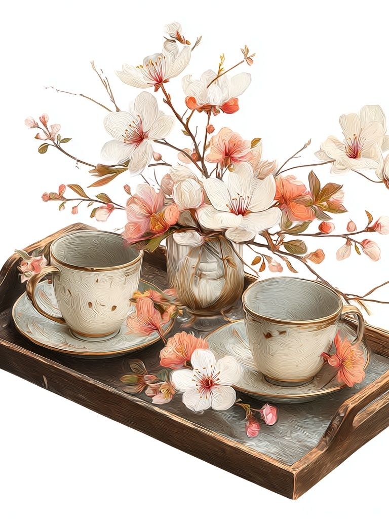 Cherry Blossom Tea Tray Illustration Print. poster — botanical art