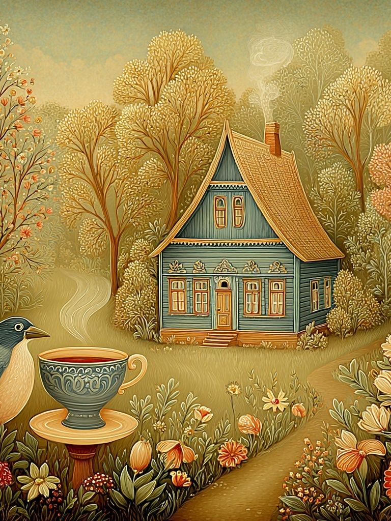 Cozy Cottage in Autumn — Illustration Print. poster — illustration art