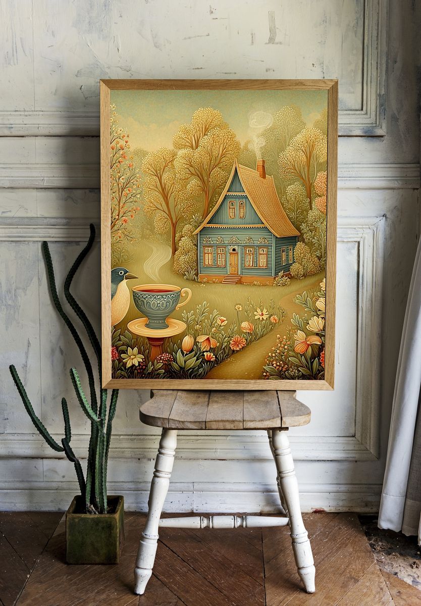 Cozy Cottage in Autumn — Illustration Print. — room view 1