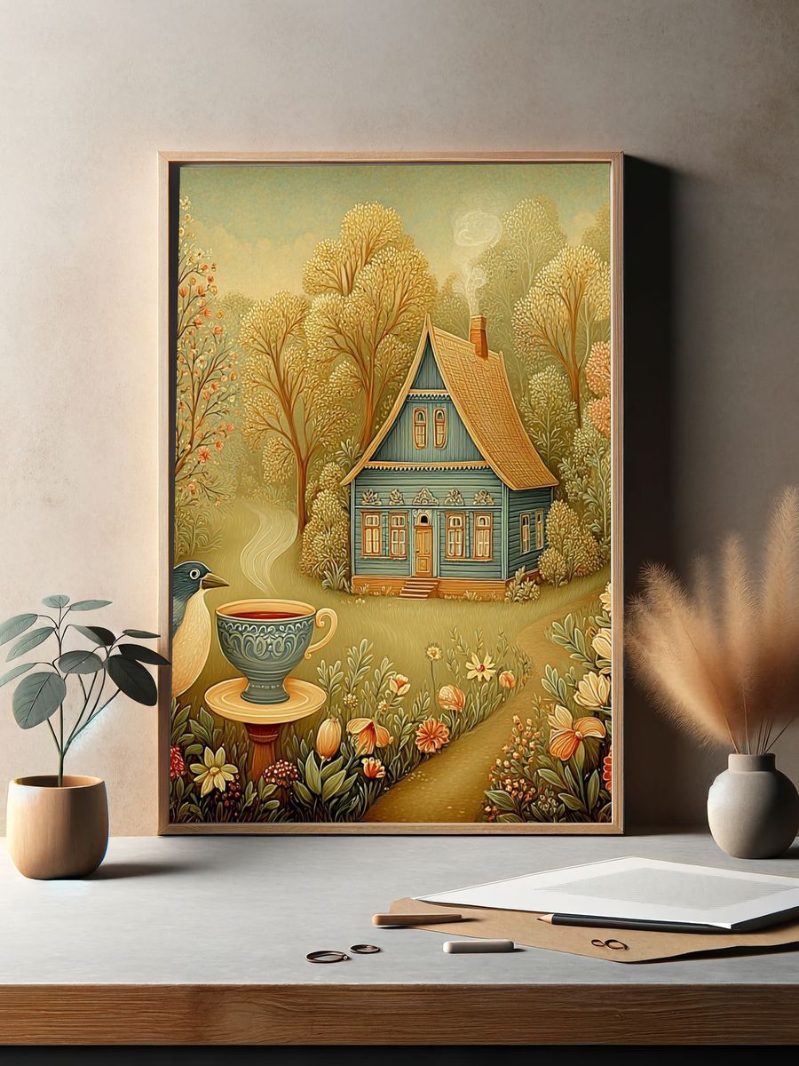 Cozy Cottage in Autumn — Illustration Print. — room view 2