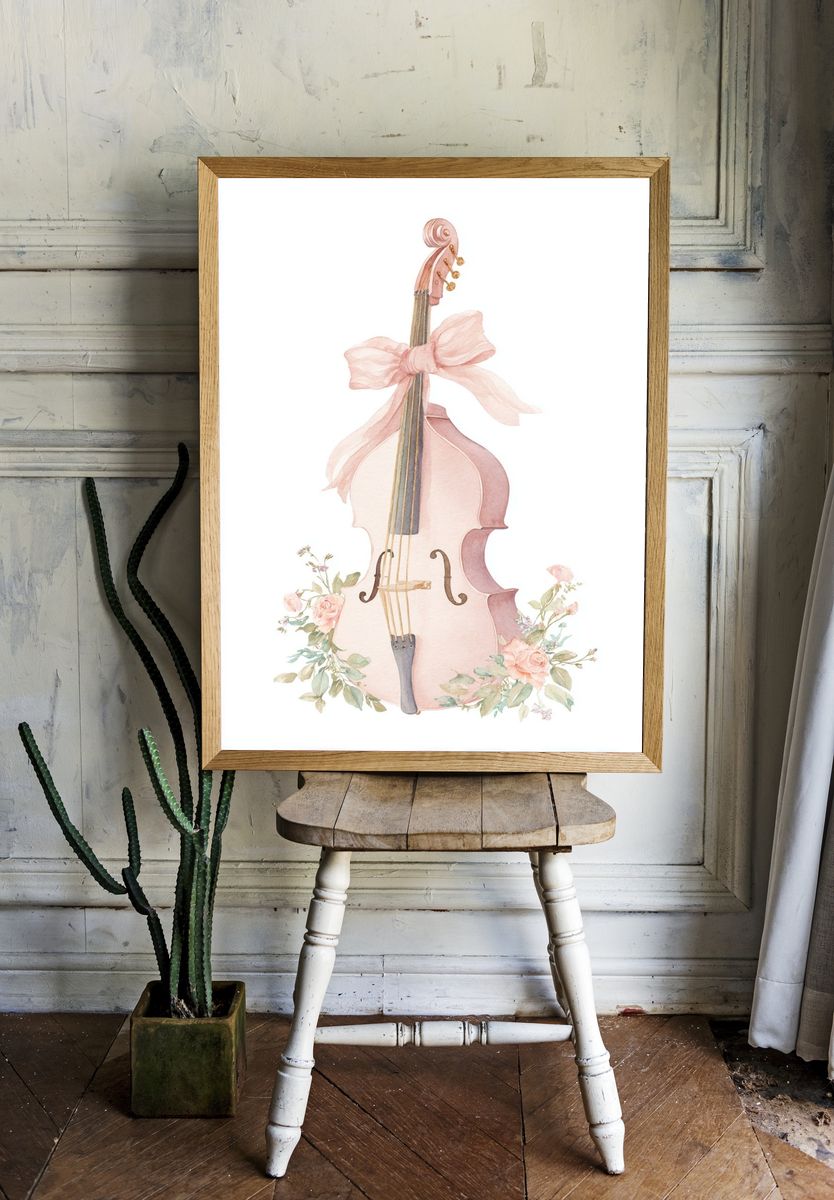 Pink Cello with Flowers — Watercolor Print. — room view 1