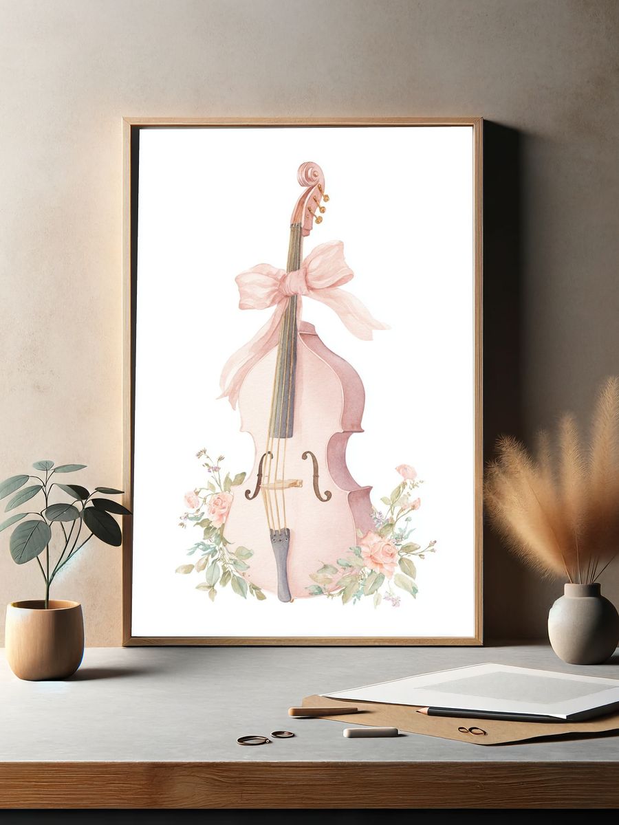 Pink Cello with Flowers — Watercolor Print. — room view 2