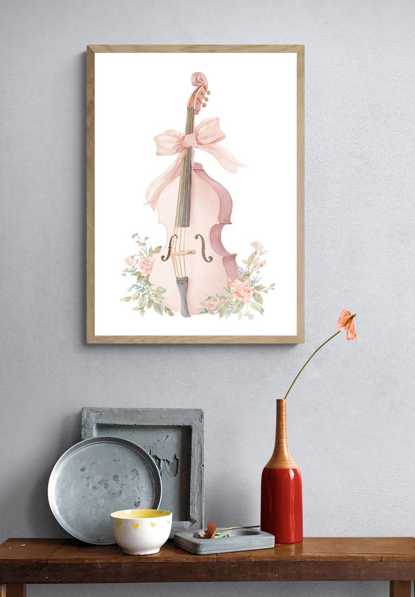 Pink Cello with Flowers — Watercolor Print. — room view 3