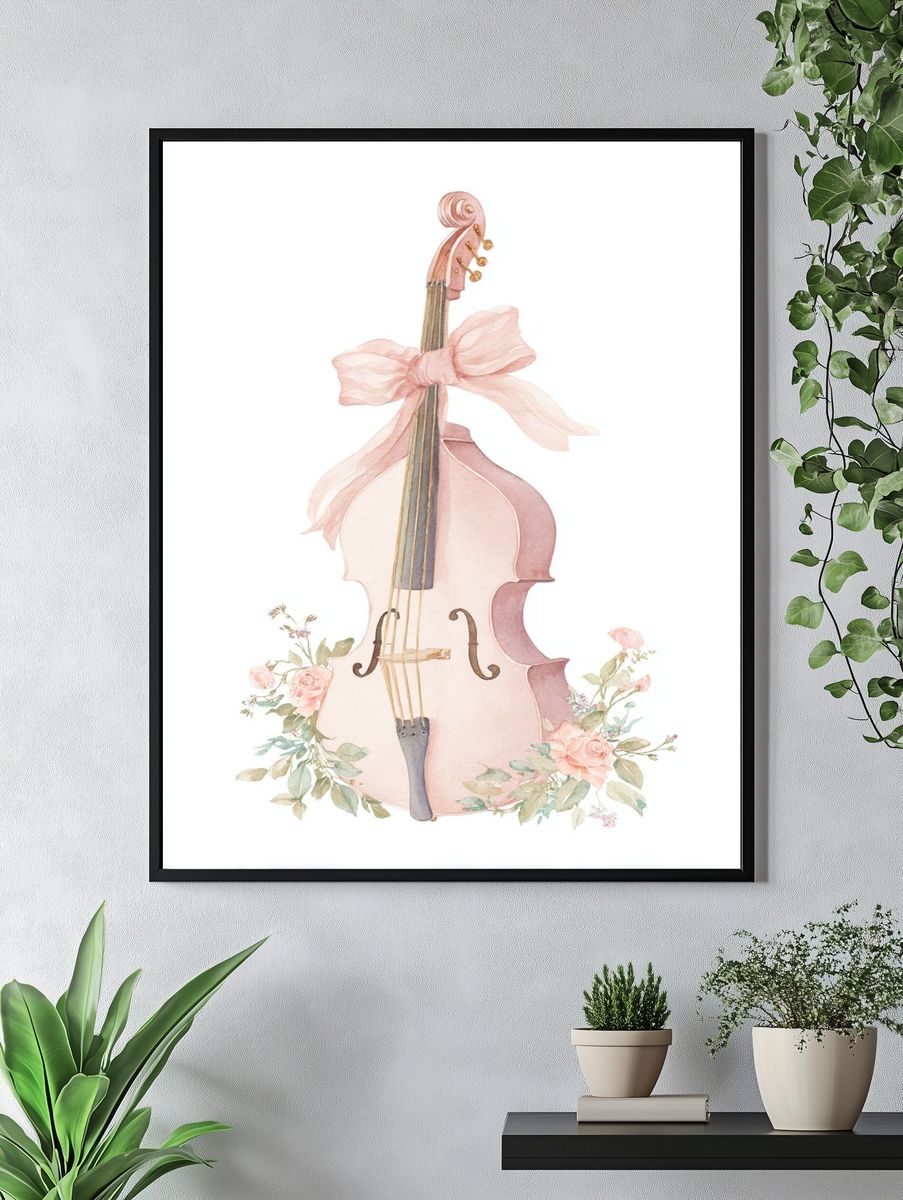 Pink Cello with Flowers — Watercolor Print. — room view 4