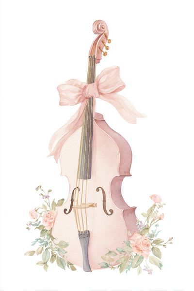 Pink Cello with Flowers — Watercolor Print. poster