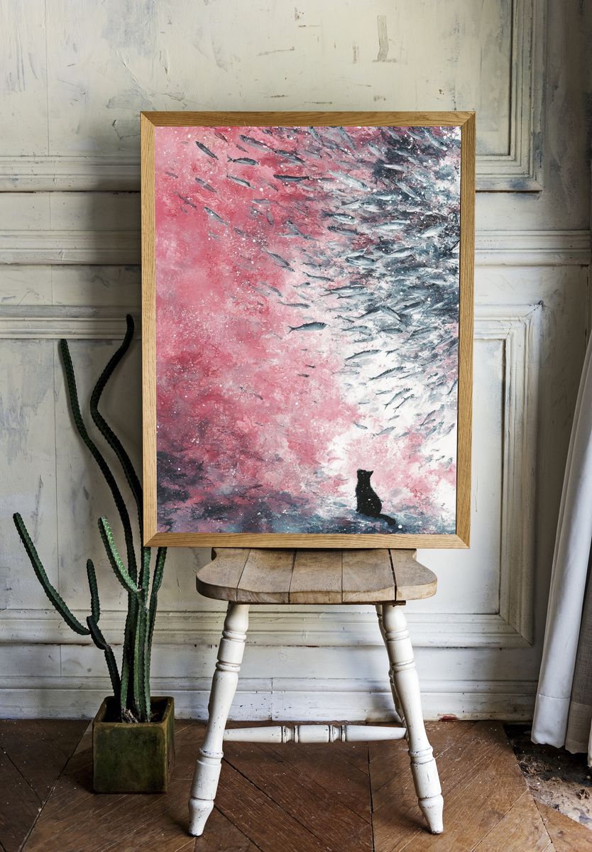 Cat and Fish — Surreal Art Print. — room view 1