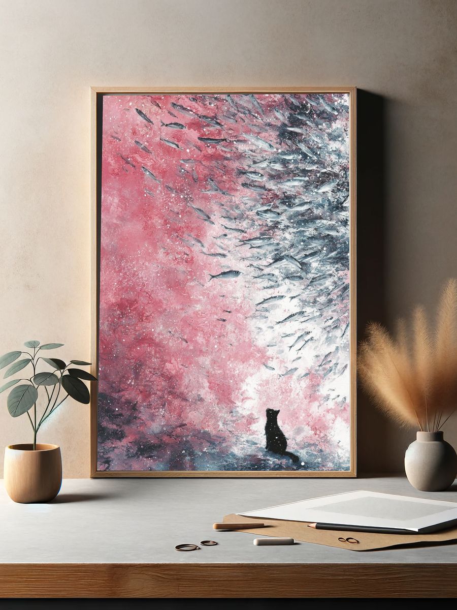 Cat and Fish — Surreal Art Print. — room view 2