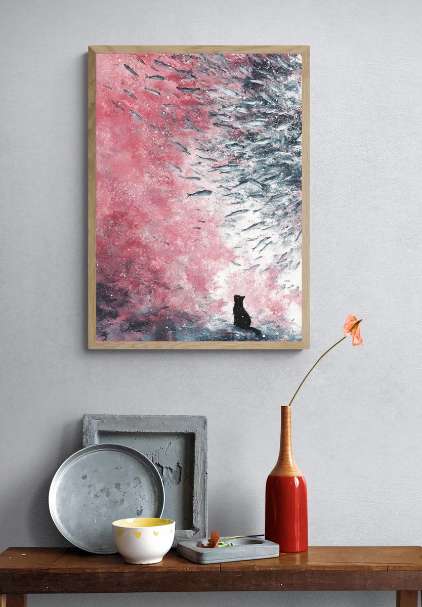 Cat and Fish — Surreal Art Print. — room view 3