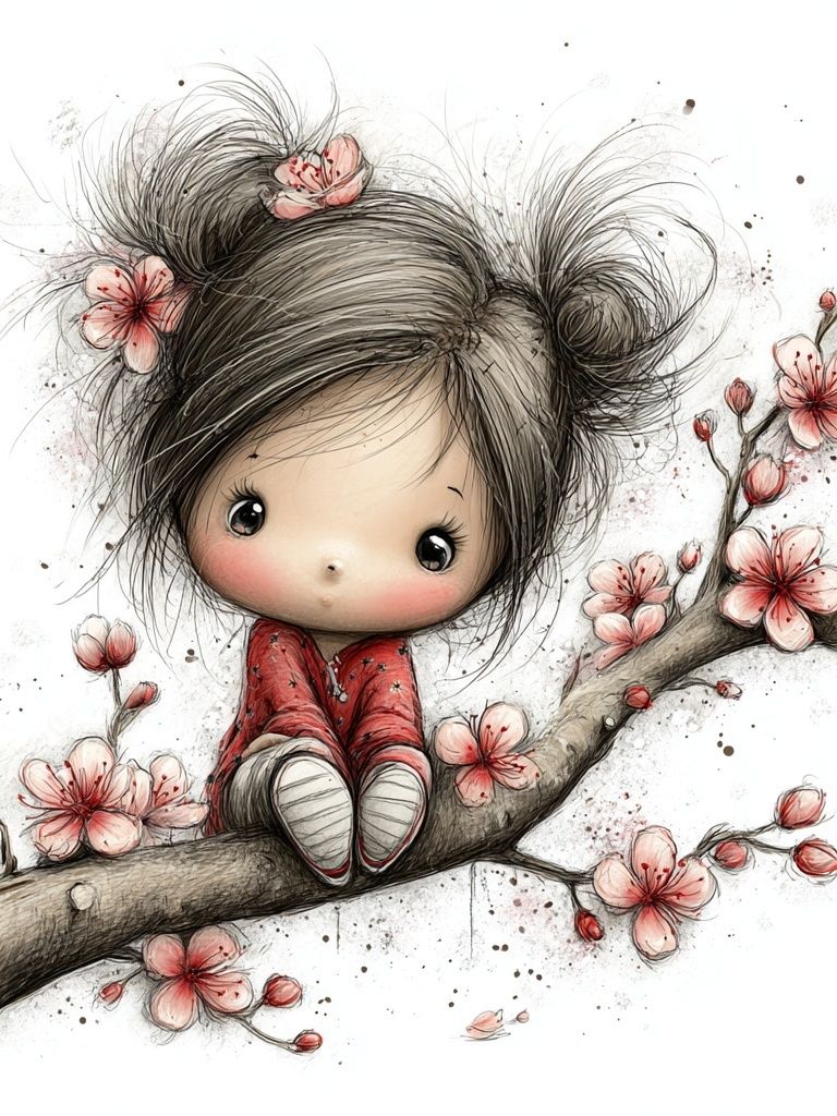 Cute Girl on Cherry Blossom Branch — Illustration Print. poster — illustration art