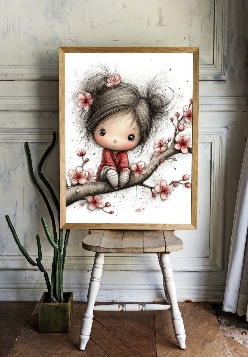 Cute Girl on Cherry Blossom Branch — Illustration Print. — room view 1