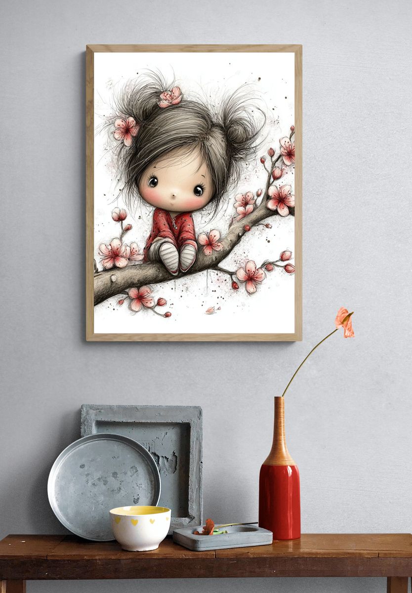 Cute Girl on Cherry Blossom Branch — Illustration Print. — room view 3