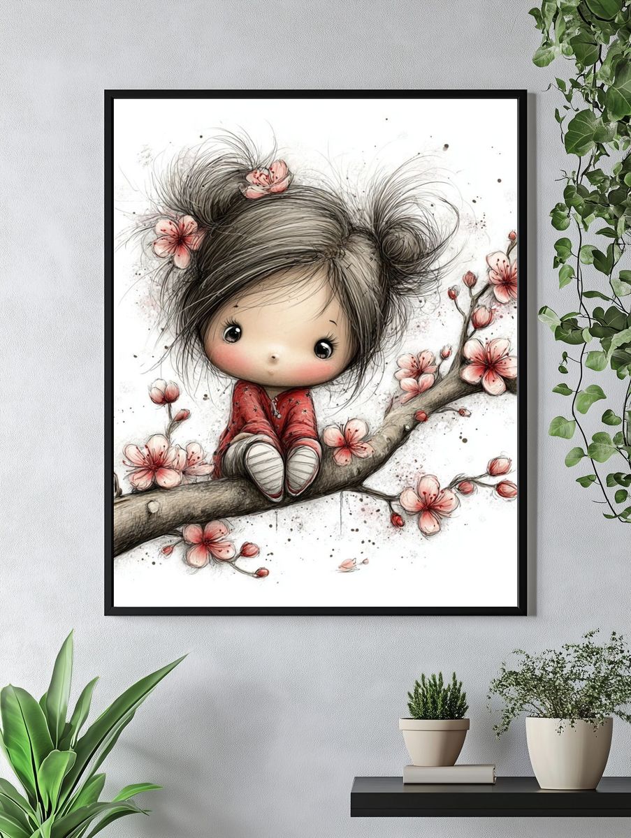 Cute Girl on Cherry Blossom Branch — Illustration Print. — room view 4