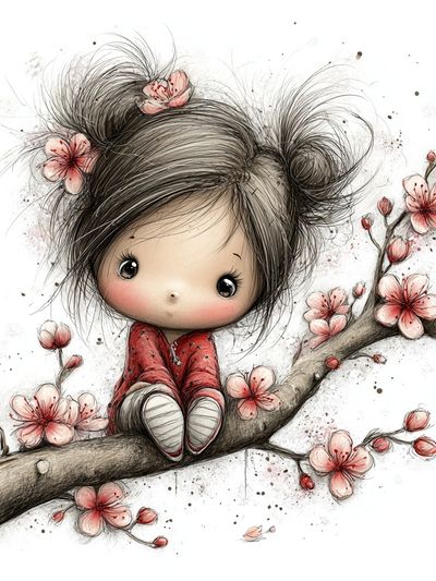 Cute Girl on Cherry Blossom Branch — Illustration Print. poster print
