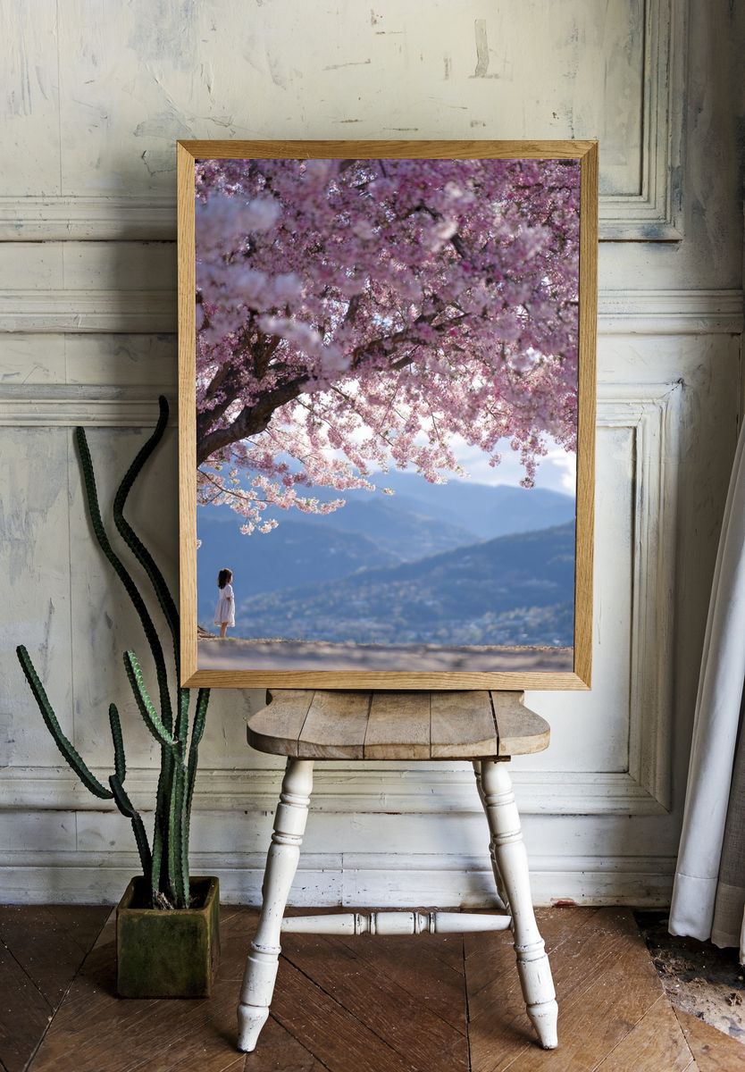 Cherry Blossom Mountain View Photography Poster. room preview