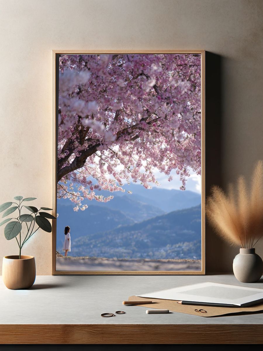 Cherry Blossom Mountain View Photography Poster. — room view 2