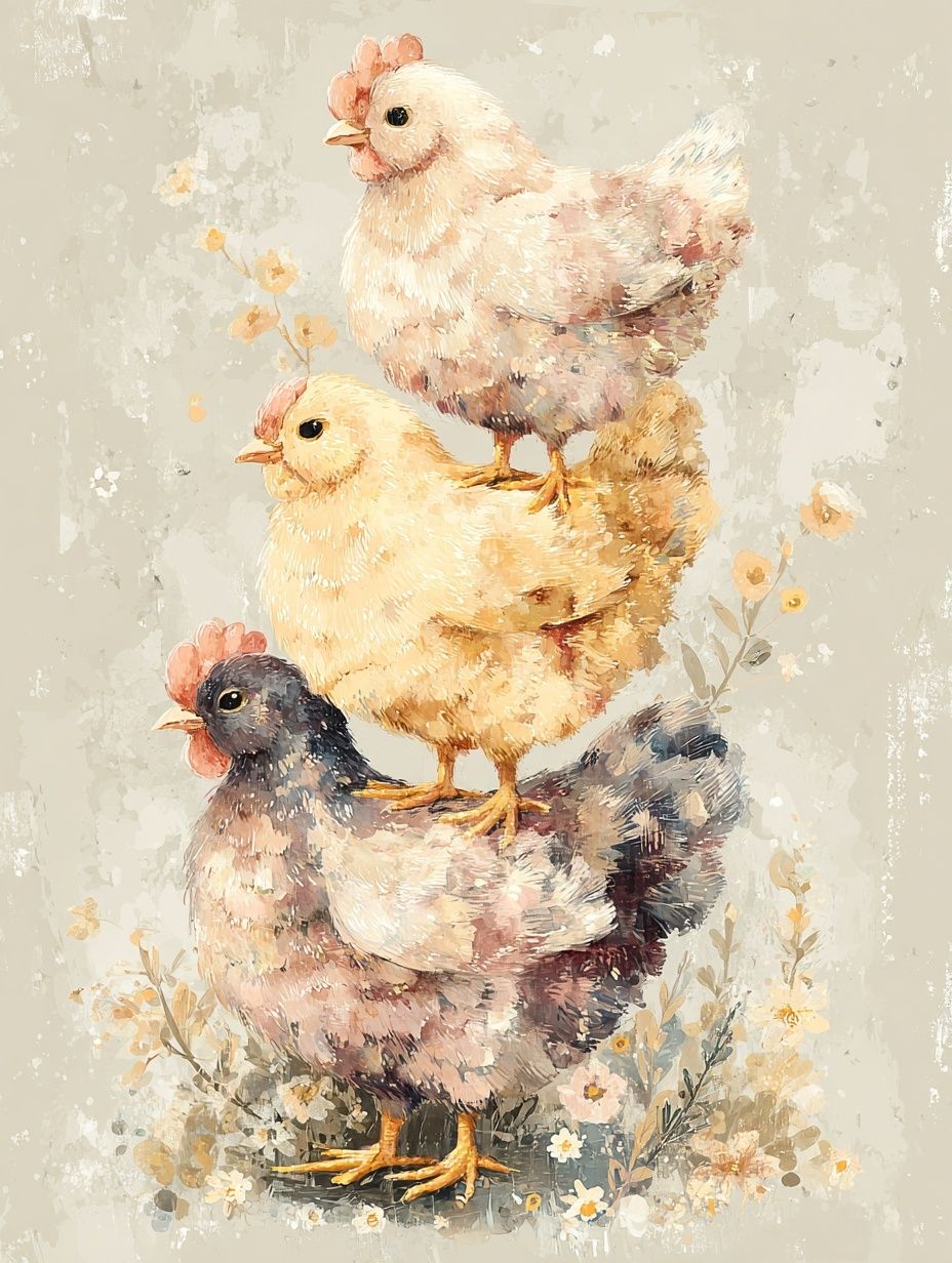 Charming Chickens — Watercolor Print. poster — illustration art