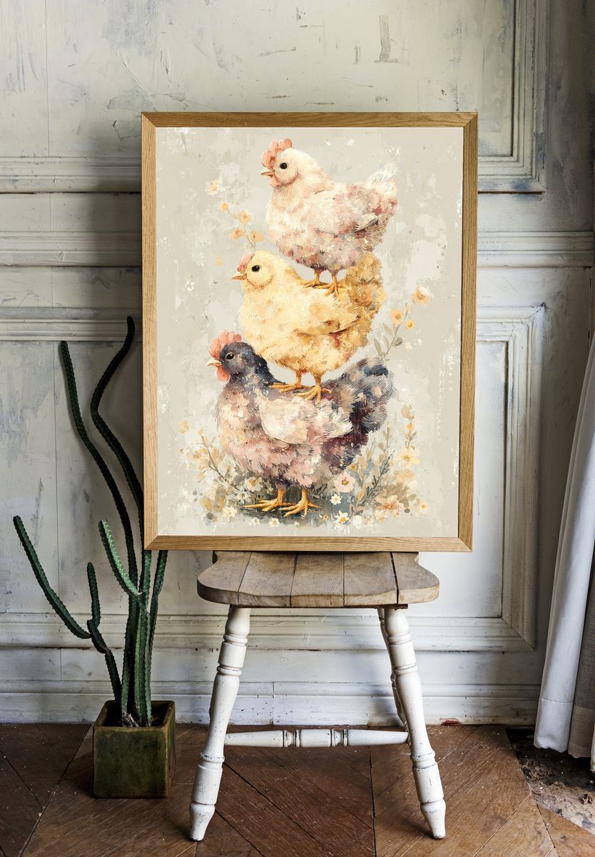 Charming Chickens — Watercolor Print. — room view 1