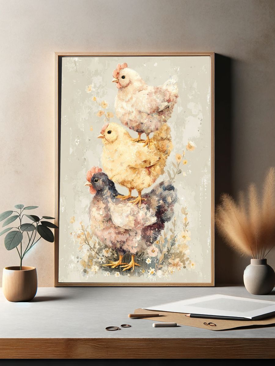 Charming Chickens — Watercolor Print. — room view 2