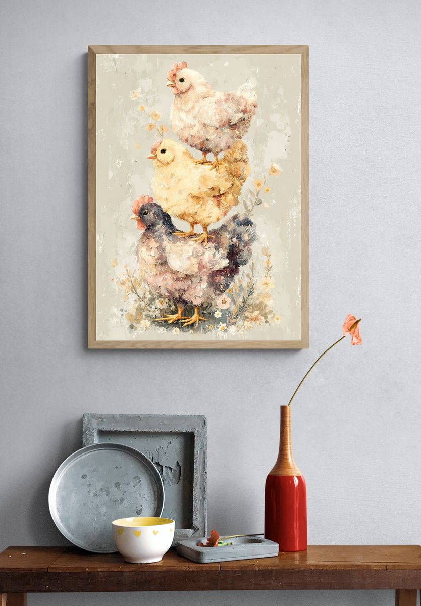 Charming Chickens — Watercolor Print. — room view 3