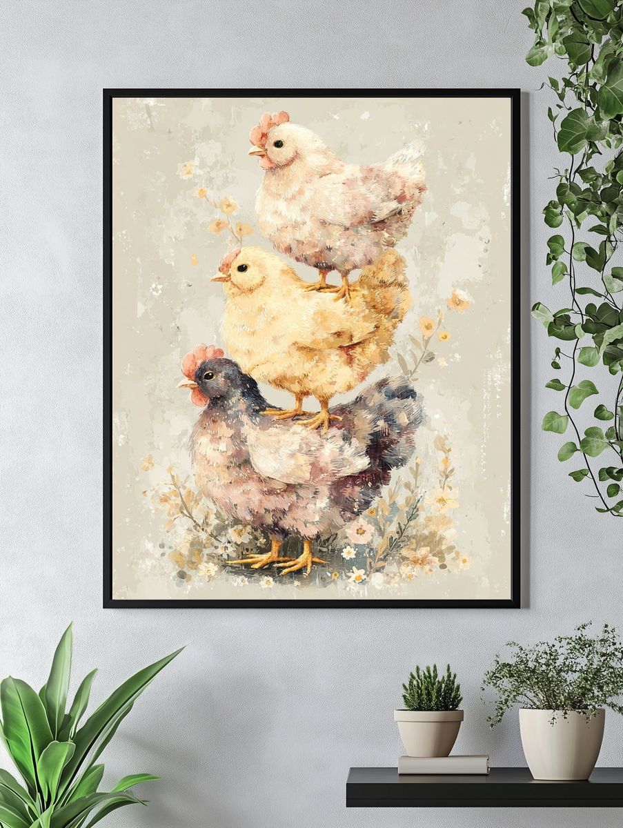 Charming Chickens — Watercolor Print. — room view 4