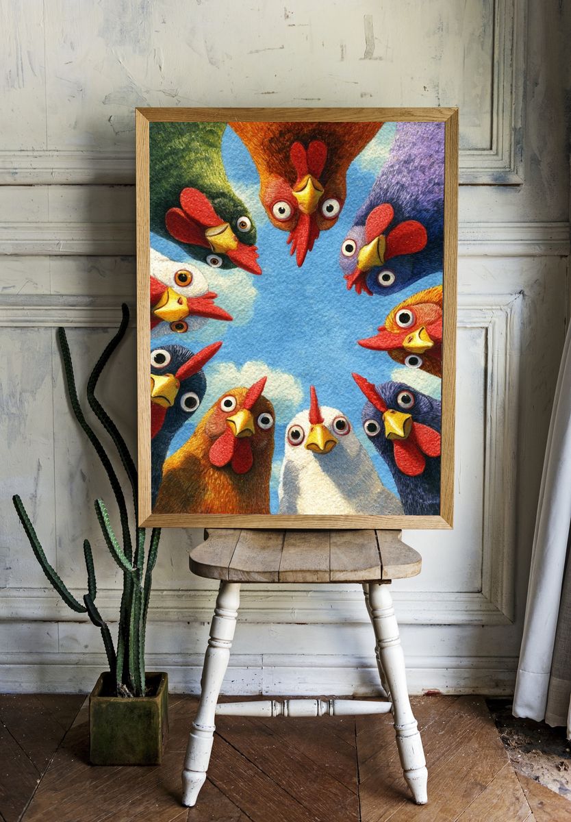 Colorful Chickens — Illustration Print. — room view 1