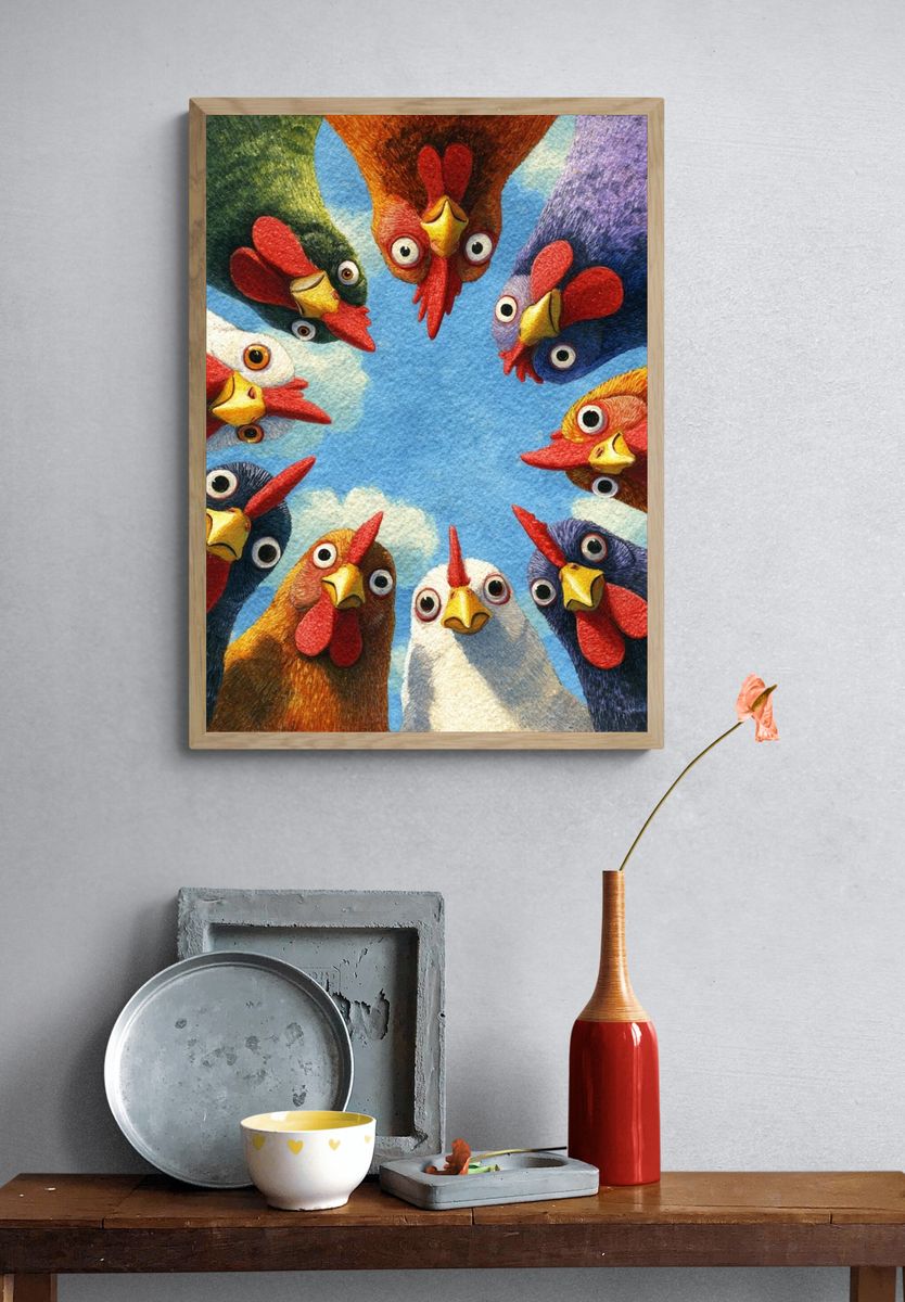 Colorful Chickens — Illustration Print. — room view 3
