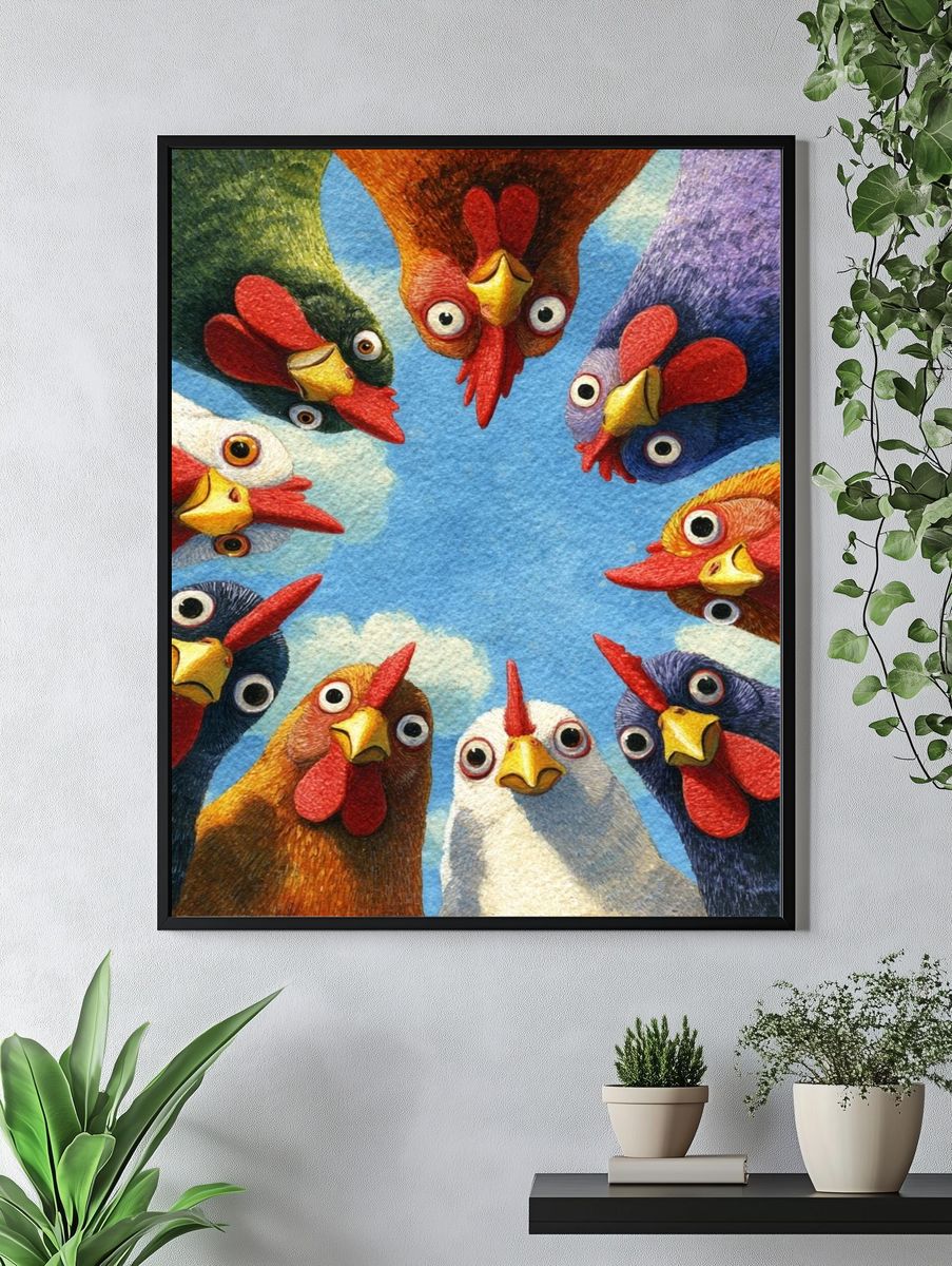 Colorful Chickens — Illustration Print. — room view 4