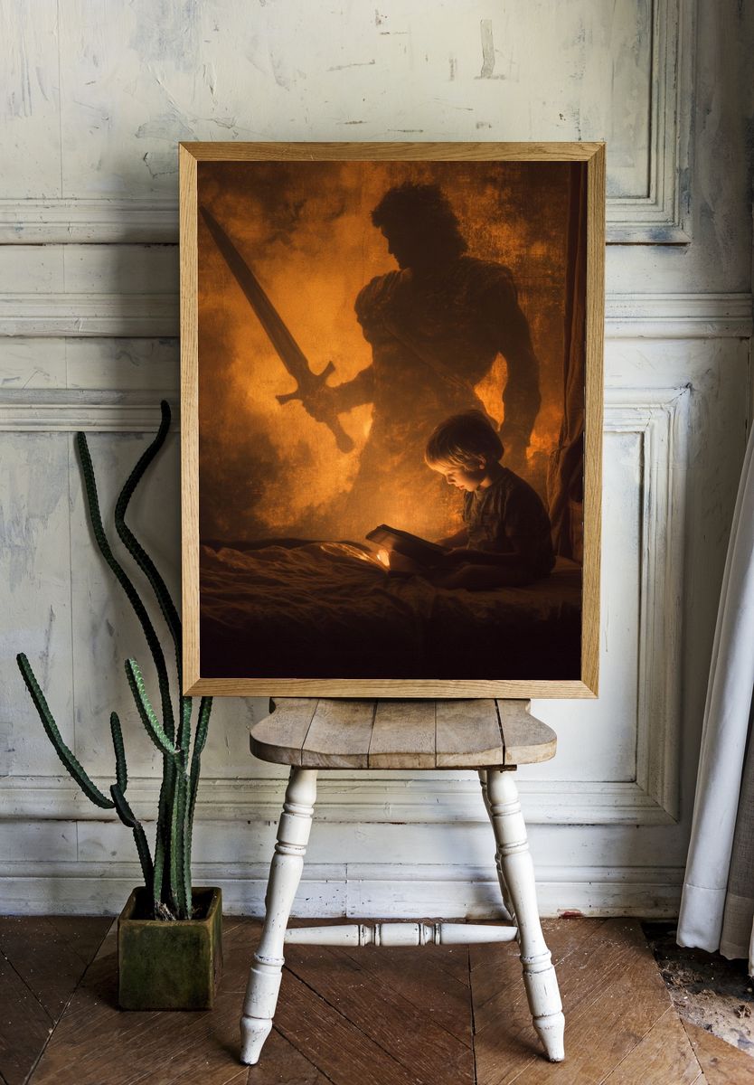 Child Reading with Heroic Shadow — Illustration Print. — room view 1