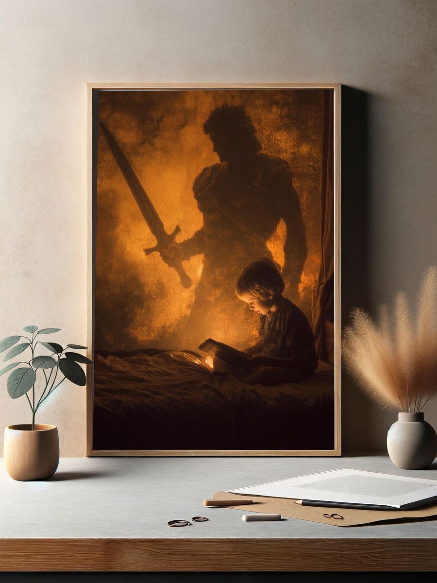 Child Reading with Heroic Shadow — Illustration Print. — room view 2