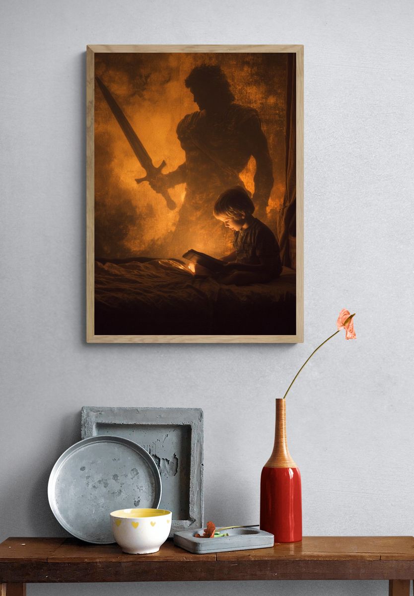 Child Reading with Heroic Shadow — Illustration Print. — room view 3