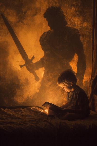 Child Reading with Heroic Shadow — Illustration Print. poster print