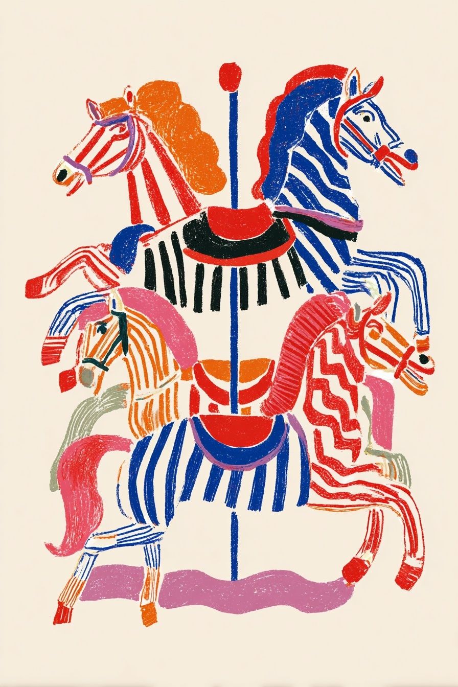 Colorful Carousel Horses — Illustration Print. poster — illustration art
