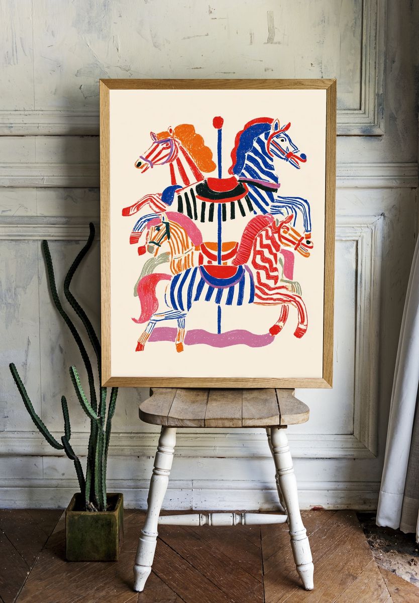Colorful Carousel Horses — Illustration Print. — room view 1
