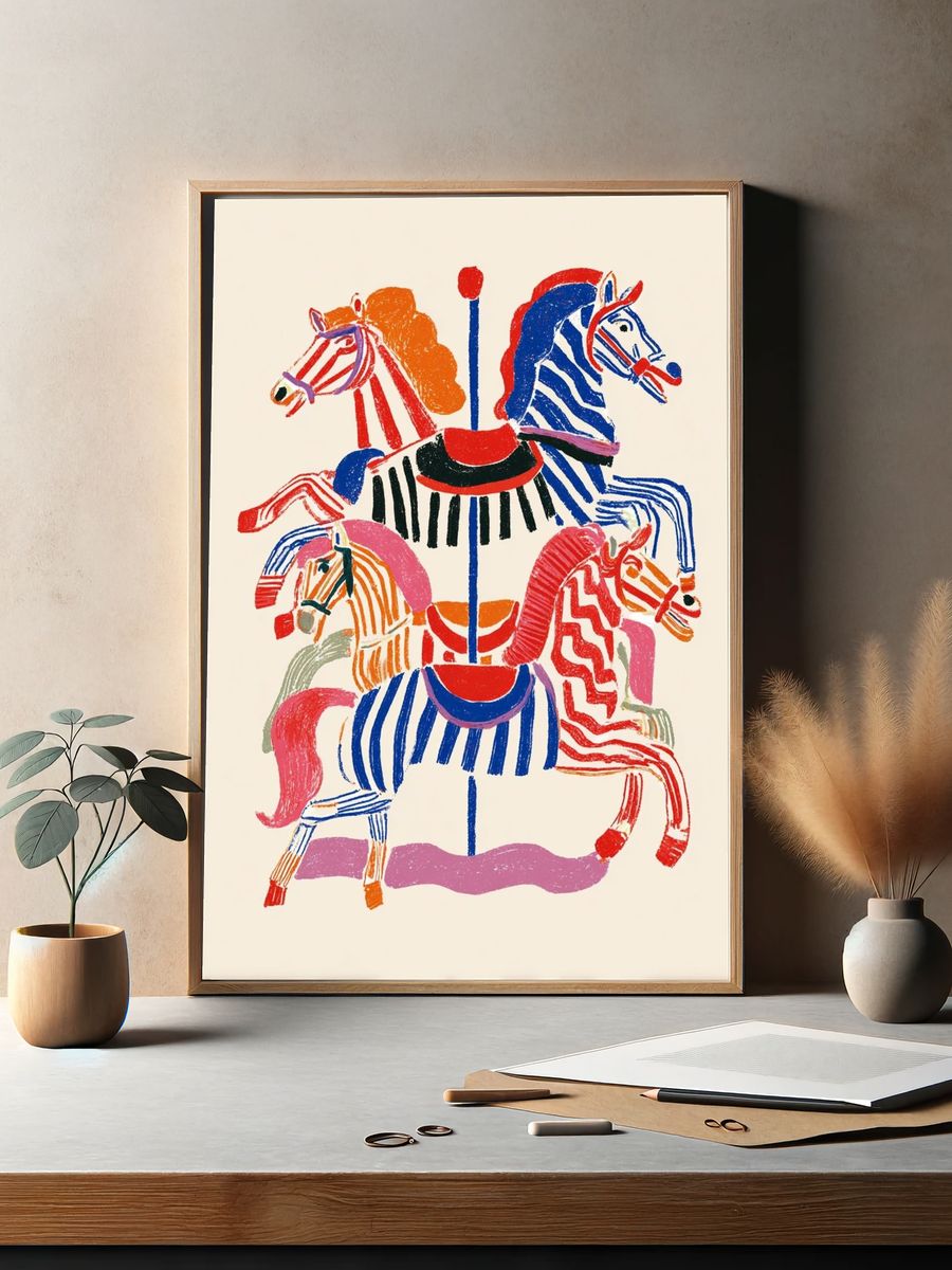 Colorful Carousel Horses — Illustration Print. — room view 2