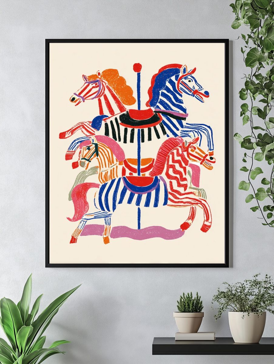 Colorful Carousel Horses — Illustration Print. — room view 4