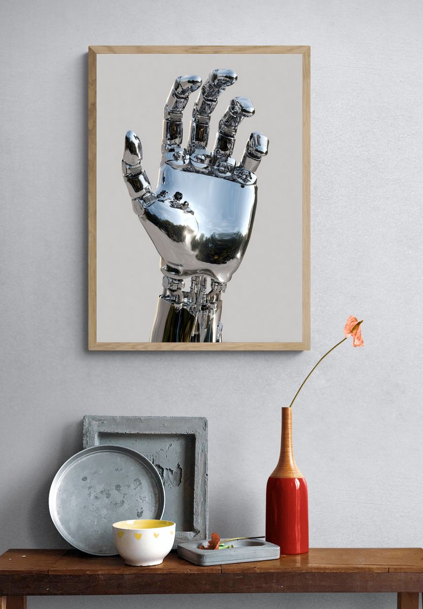 Chrome Robot Hand Poster. — room view 3