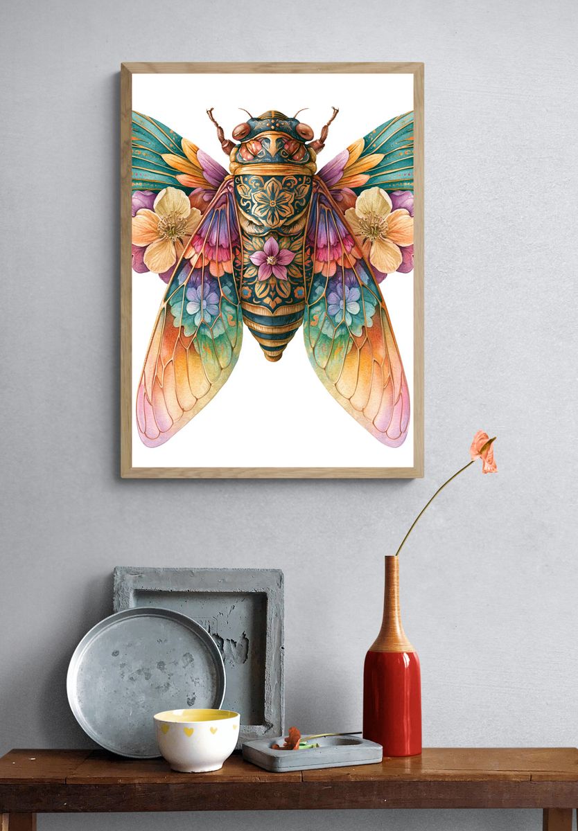 Floral Cicada Illustration Poster. — room view 3