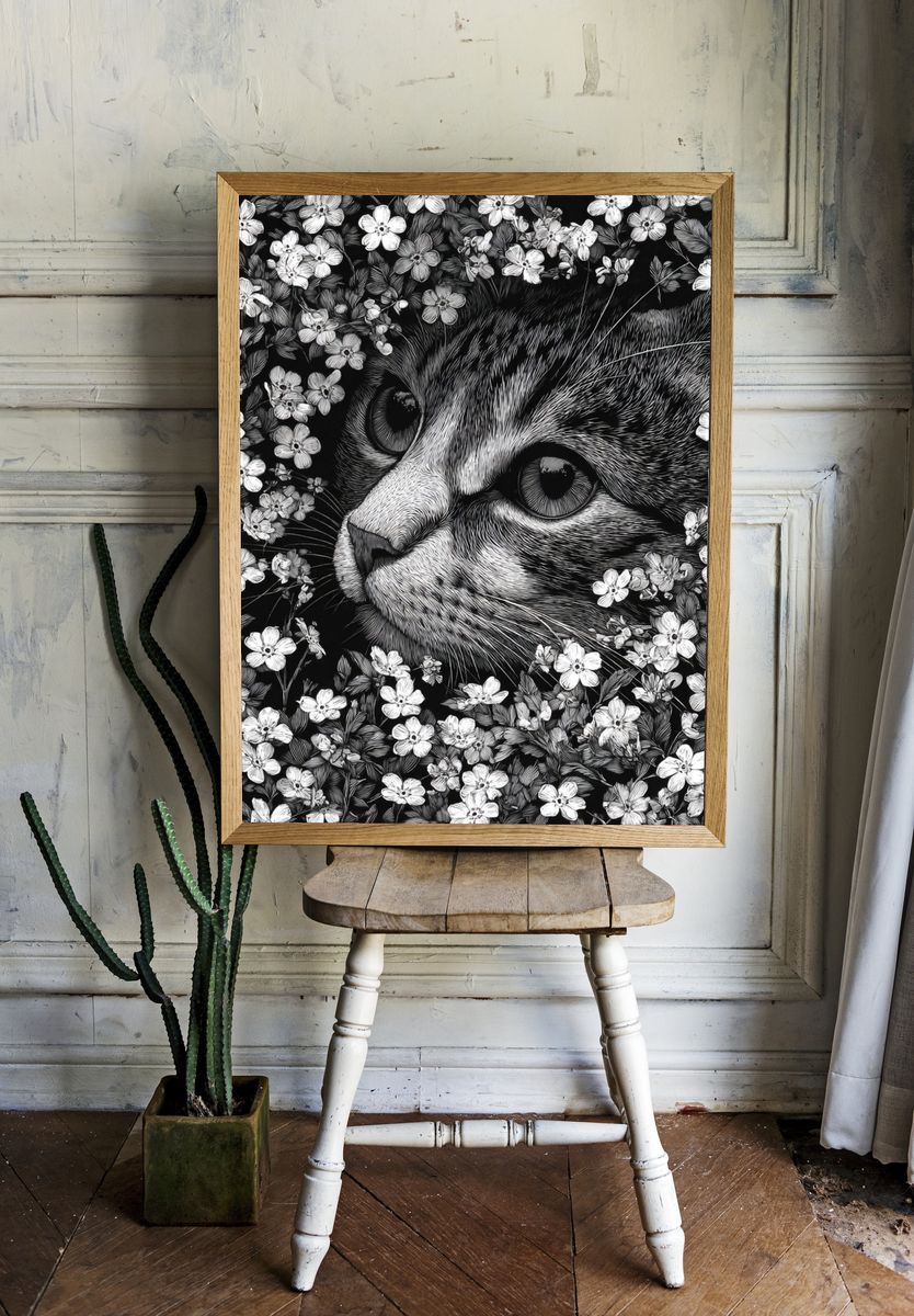 Cat in Flowers — Illustration Print. — room view 1