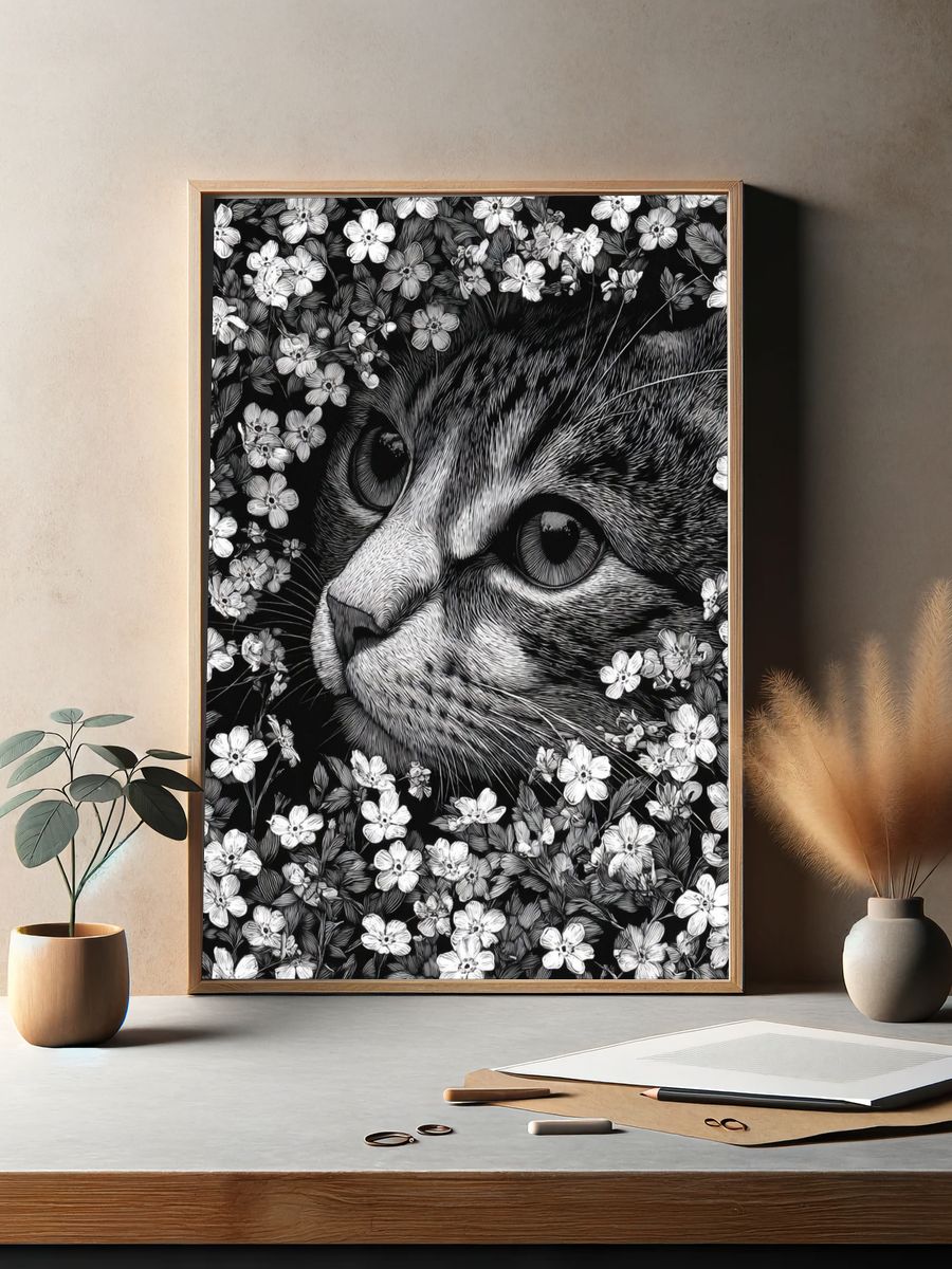 Cat in Flowers — Illustration Print. — room view 2