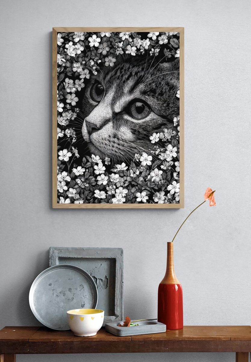 Cat in Flowers — Illustration Print. — room view 3