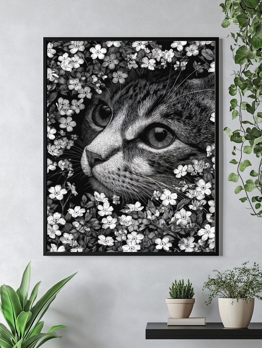 Cat in Flowers — Illustration Print. — room view 4