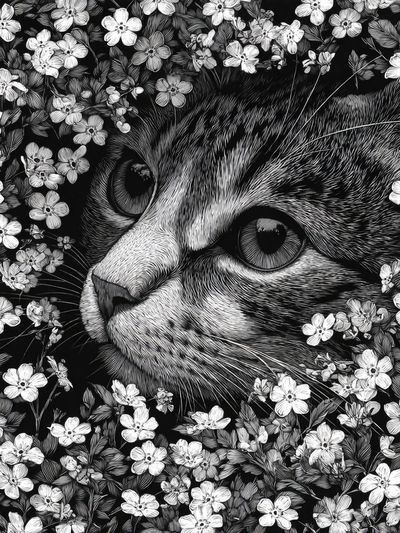 Cat in Flowers — Illustration Print. poster print