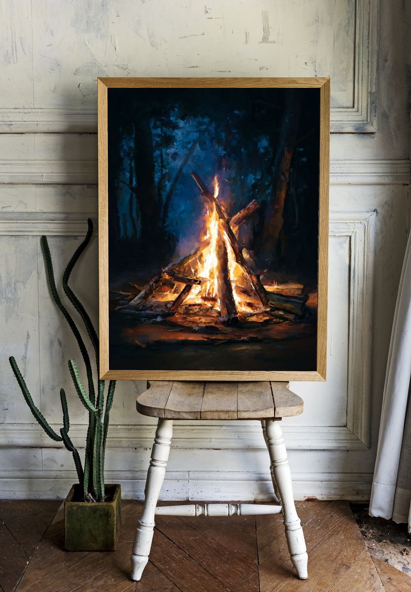 Campfire in the Woods — Fine Art Print. — room view 1