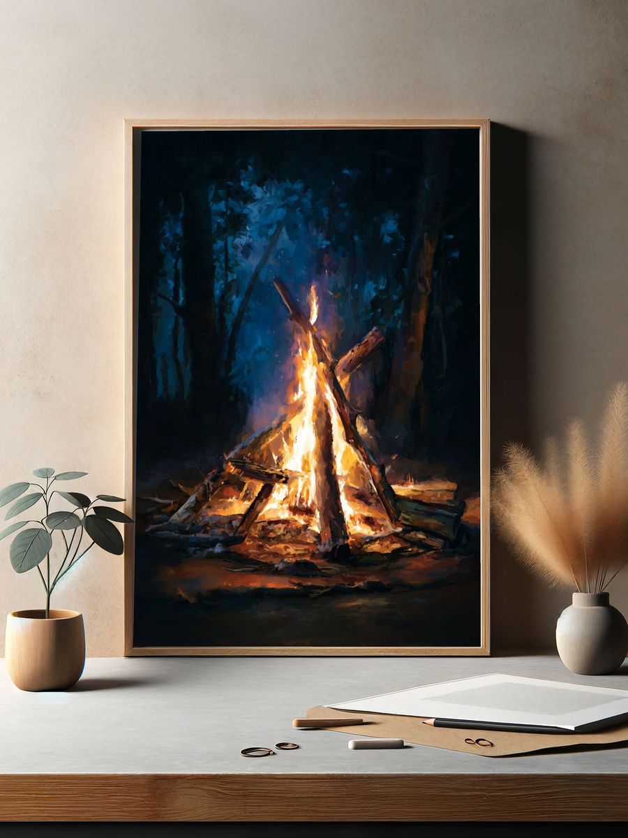 Campfire in the Woods — Fine Art Print. — room view 2